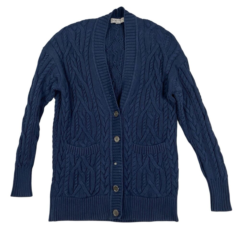J Crew Cableknit Cardigan Womens XS Navy Blue Cotton V Neck Preppy Fall BZ494